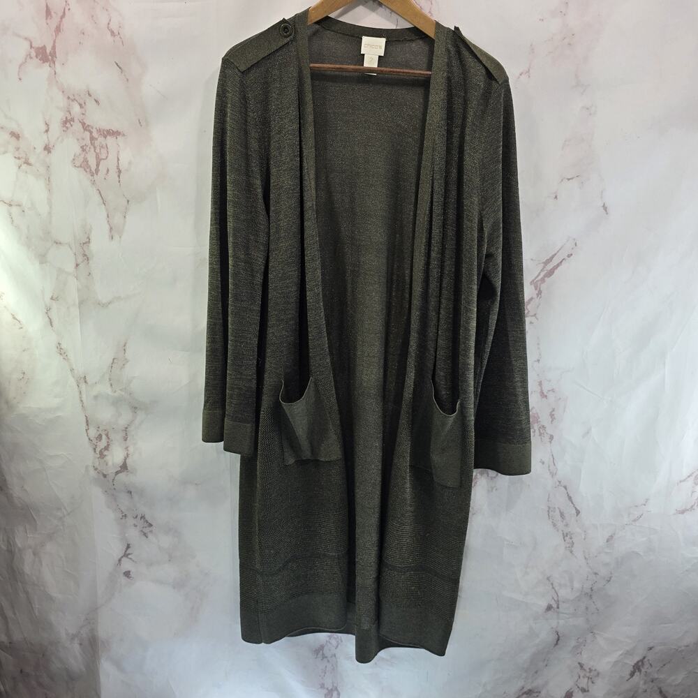 Chicos Cardigan Womens Large Green Open Front Long Duster Metallic Gold Midi